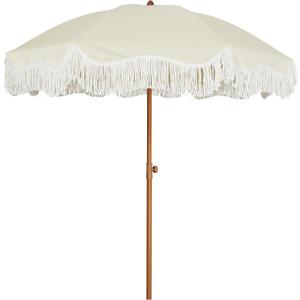 AMMSUN 6.5ft Boho Outdoor Umbrella with Fringe, UPF 50+ Picnic Umbrella with Tassels, Premium Steel Pole and Push Button Tilt, Light Beige