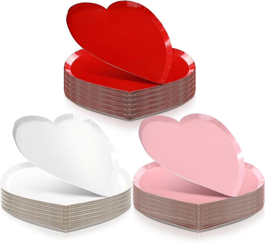 60 Pcs Heart Shaped Dessert Plates - 9.45 Inch Disposable Heart Party Plates for Valentine's Day Tableware and Wedding Birthday Dinner Dessert