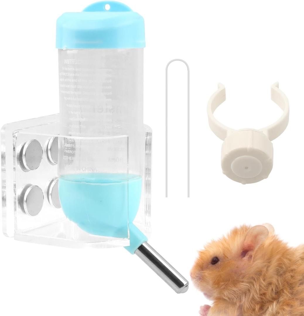Hamster Water Bottle with Magnetic Holder, Secure & No Drip, Adjustable Height, Fits Glass/Acrylic/Metal Wire Cages, for Hamster, Guinea Pig, Hedgehogs and Other Small Pets(Clear)