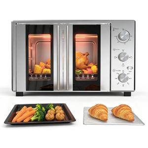 40.1QT Countertop Oven, 1600W French Door Toaster Oven With 3 Knobs, Silver, Extra Large