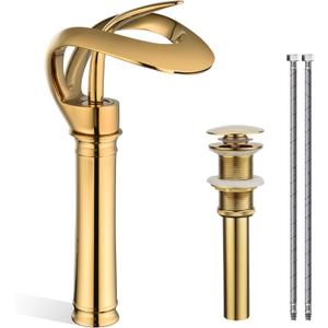 Elegant Tall Bathroom Sink Faucet Single Hole, AUU Waterfall Gold Vessel Sink Faucet Solid Brass, Single Handle Bowl Sink Faucet with Pop Up Drian Supply Line (Gold, Tall)