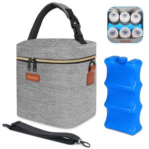 Mancro Baby Bottle Bag with Insulated Cooler, Fits 6 Baby Bottles Up to 9 Ounce with Ice Pack, Breastmilk Cooler Bag with Adjustable Shoulder Strap for Easy Carrying, Grey