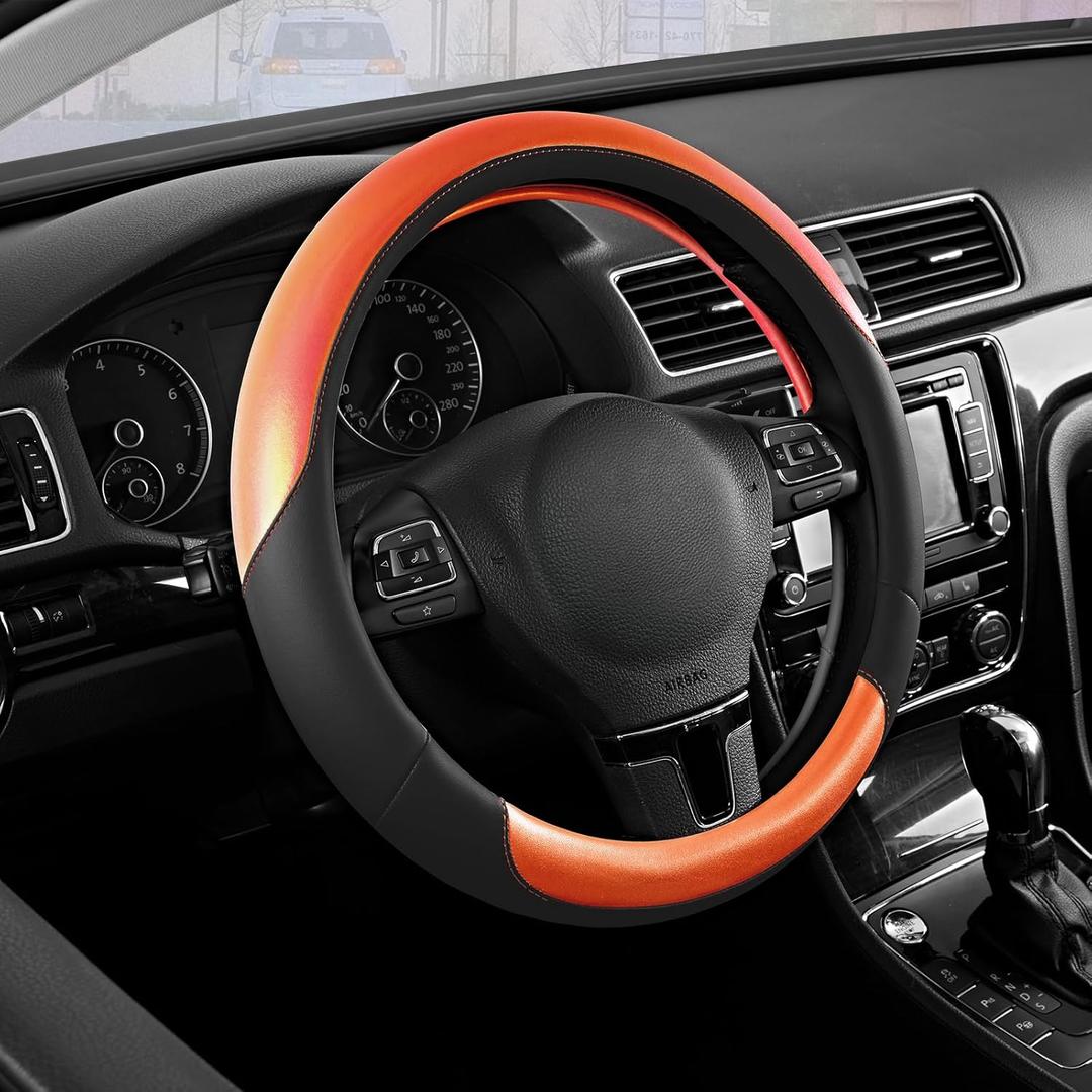 Road Comforts Steering Wheel Cover  Breathable Leather Steering Wheel Cover, Anti-Slip Grip, Universal Fit 14.5 to 15, Heat & Cold Resistant for Cars, SUVs, and Trucks  Black & Shining Orange