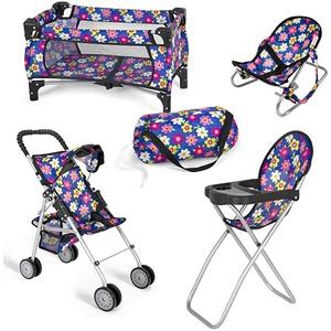 fash n kolor 4 Piece Baby Doll Play Set Flower Design Includes - Foldable Pack N Play, Baby Doll Stroller, Baby Doll High Chair, Infant Seat, Fits Up to 18'' Doll 4 Piece Doll Accessories Set Flower
