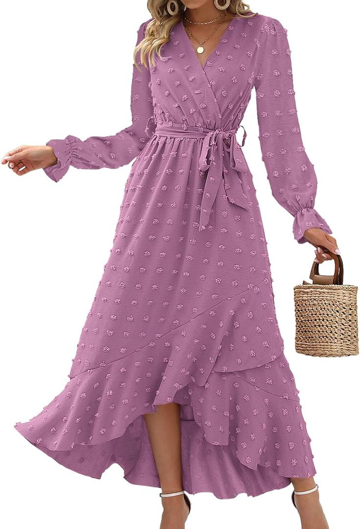 BTFBM Long Sleeve Maxi Dresses for Women V Neck Swiss Dot Boho Flowy Slit Cocktail Wedding Guest Dress Fall Clothes 2025 (Medium, Purple)