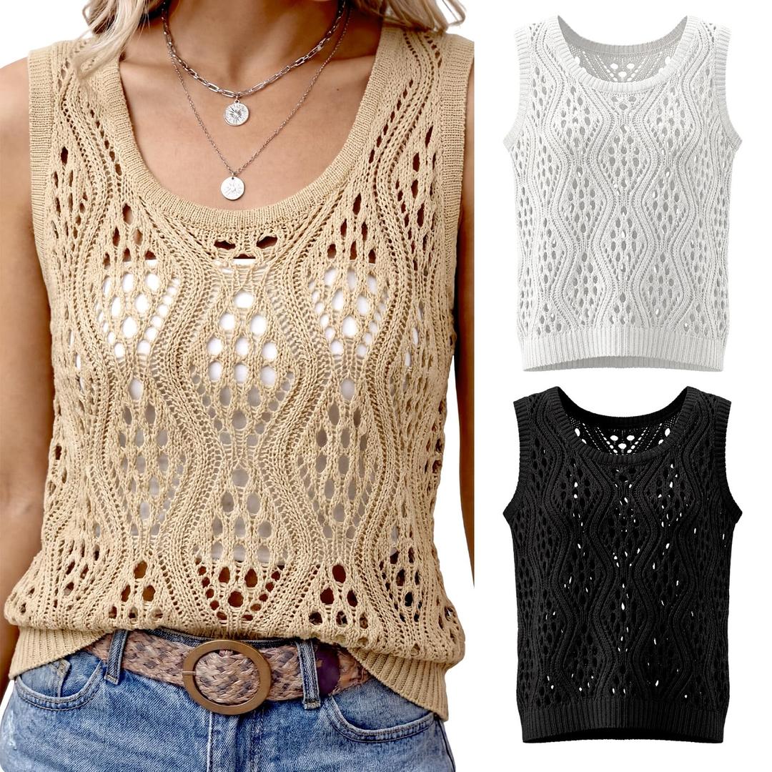 Patelai 3 Pcs Women Crochet Vest Tank Top Beige White Black Hollow Summer Sleeveless Sweater Knit Boho Trendy Resort Beach(L) (L)