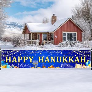 Happy Hanukkah Banner 8x2 ft Large Blue Hanukkah Backdrop Outdoor Yard Decorations Party Supplies