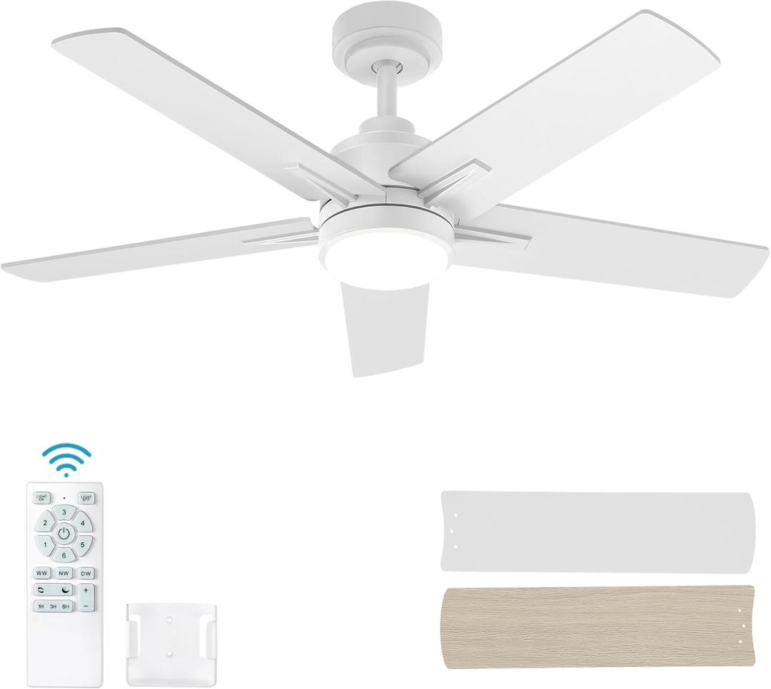 42 Inch White Ceiling Fan with Light and Remote Control,Dimmable 3 Color Temperatures LED Ceiling Fan,6 Speeds Reversible DC Motor,5 Blades Modern Ceiling Fans for Indoor or Covered Outdoor
