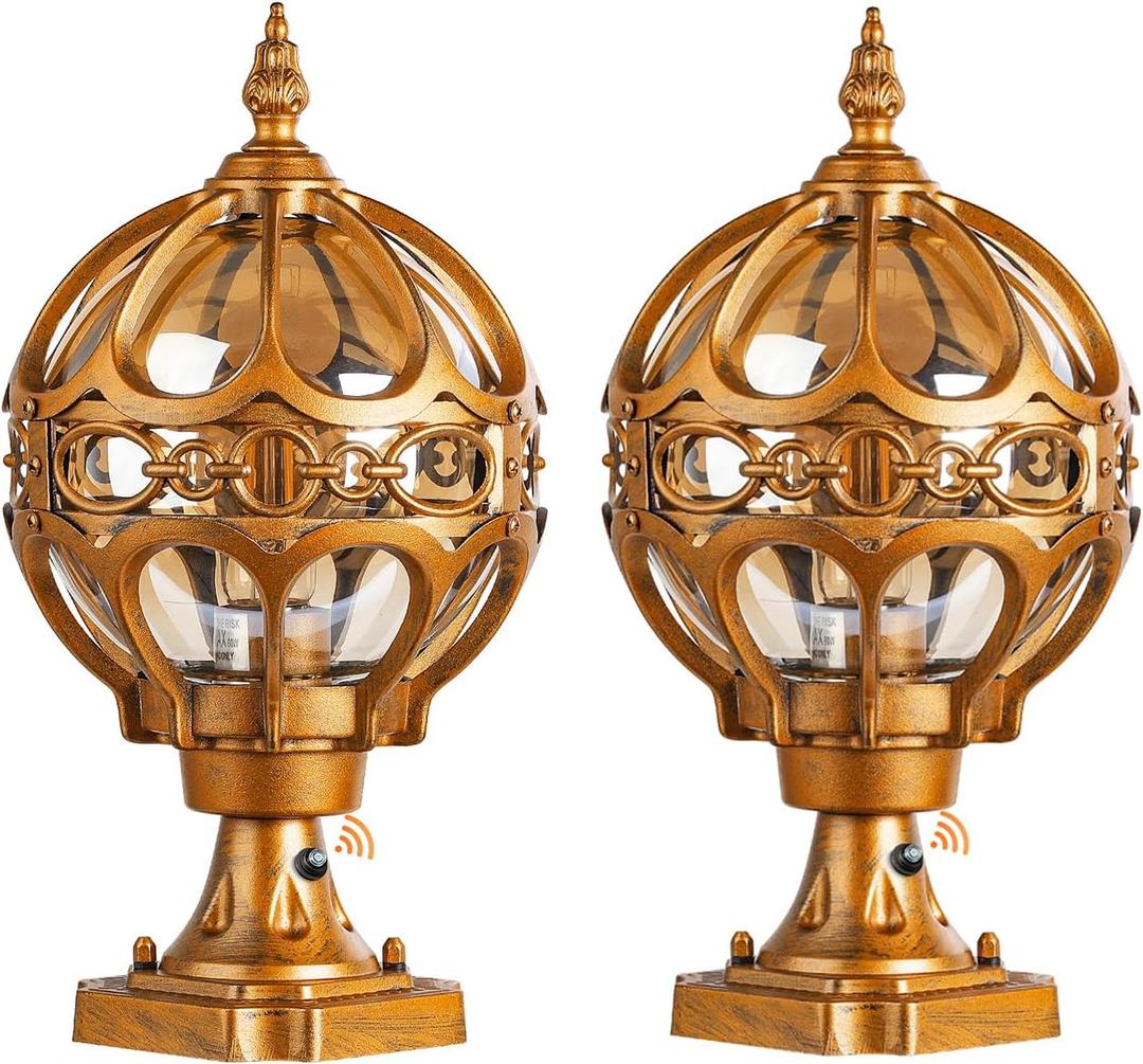 2Pack Dusk to Dawn Gold Outdoor Post Lights, Exterior Waterproof Rustproof Sphere Outside Post Lamps Fixture, Farmhouse Aluminum Pillar Lantern for Porch House Pathway Fence Yard Garden Patio