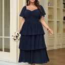 SCOMCHIC Women's Plus Size Formal Wedding Guest Evening Party Dress Short Sleeve Pleated Tiered Chiffon Bridesmaid Dresses (Blue, XXL)