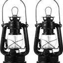 Hortsun 2 Pcs 8 Inch Vintage LED Hurricane Lantern Metal Black Outdoor Battery Operated Hanging Lantern with Warm LEDs and Dimmer Switch for Indoor Rustic Farmhouse Country Camping Decor