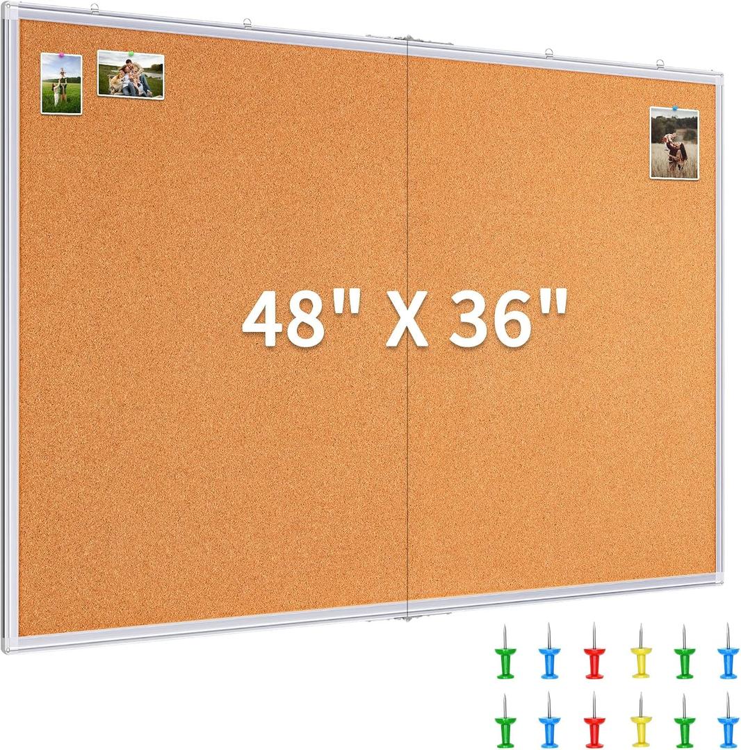Maxtek Large Cork Board 48 x 36 in, Bulletin Board for Walls, 4'x 3' Extra Aluminum Framed Corkboard, Foldable Wall Mounted Pin Memo Notice Cork Board for Office, Home Wall Display, 48x36 Inches Silver