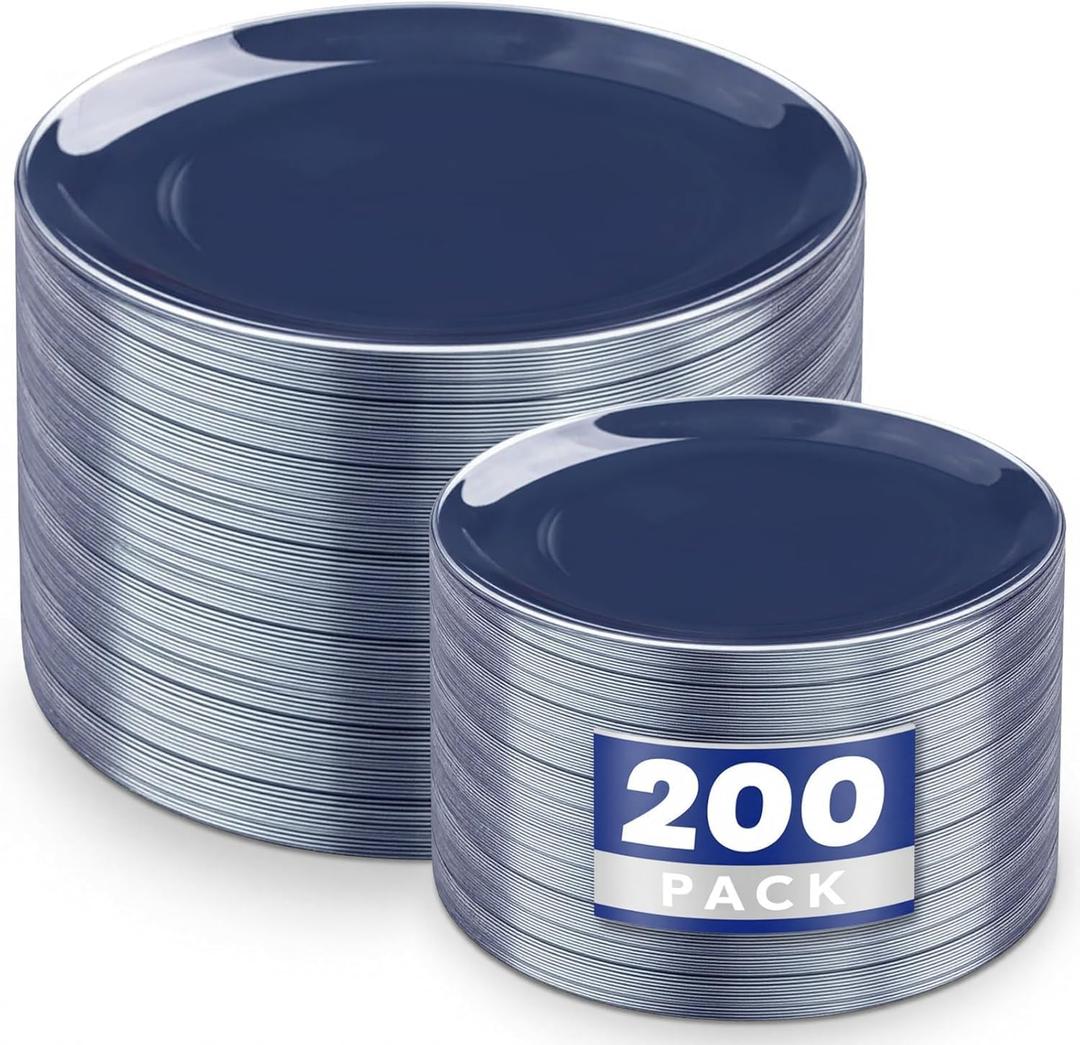 KIRE 200PCS Blue Plastic Plates with Silver Rim - Navy Blue Plastic Plates Include 100 Dinner & Dessert Plate - Heavy Duty Dark Blue Disposable Plate for Graduation/Parties/Wedding