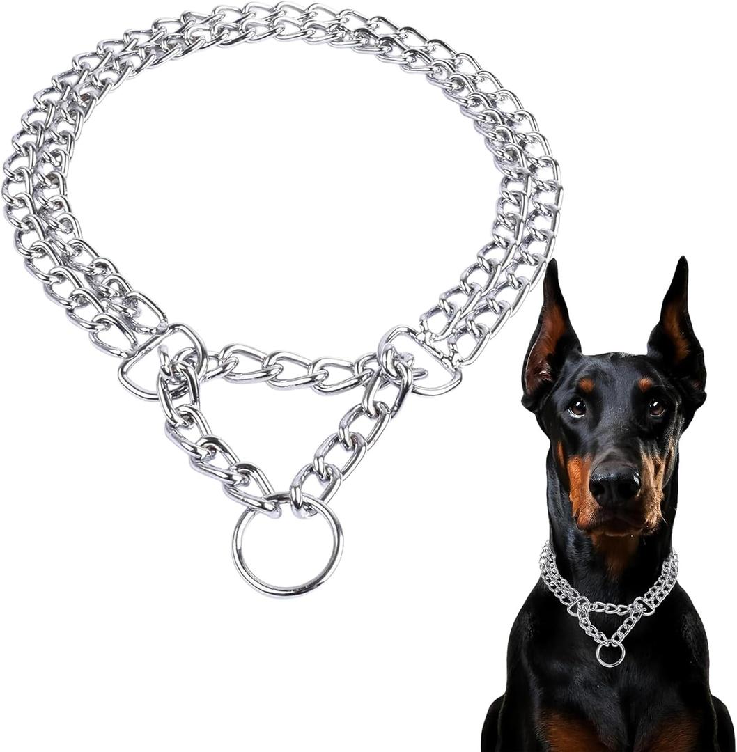Silver Dogs Choker Chain Collar, Double Row Martingale Chain Dog Collars, Chew Proof Metal Cuban Link Dog Collar Adjustable for Small Medium Large Breed Dogs (2 Row, M)