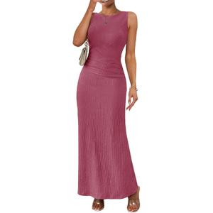 MITILLY Women Summer Formal Maxi Dress Elegant Crew Neck Sleeveless Ruched Bodycon Cocktail Party Long Dress Large Rose Pink