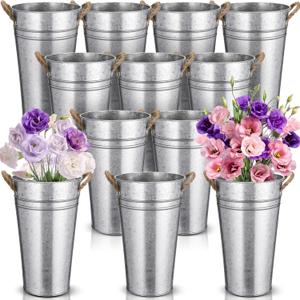 Bokon 12 Pcs 12 Inch Flower Buckets Bulk Wedding Bar Supplies Galvanized Large Farmhouse Metal Vase for Cut Flower with Handle Planter Sparkler Tin Holder French Centerpiece Florist Rustic Pail