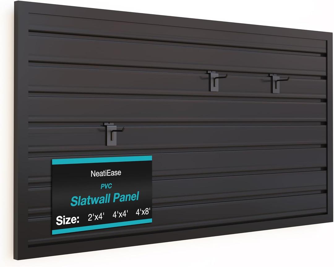 NeatiEase Slatwall Panel Wall Storage Systems, 2 x 4ft Slat Wall Paneling Garage Wall Organizer, Heavy Duty Wall Mounted PVC Wall Rack (Black) (2x4ft)