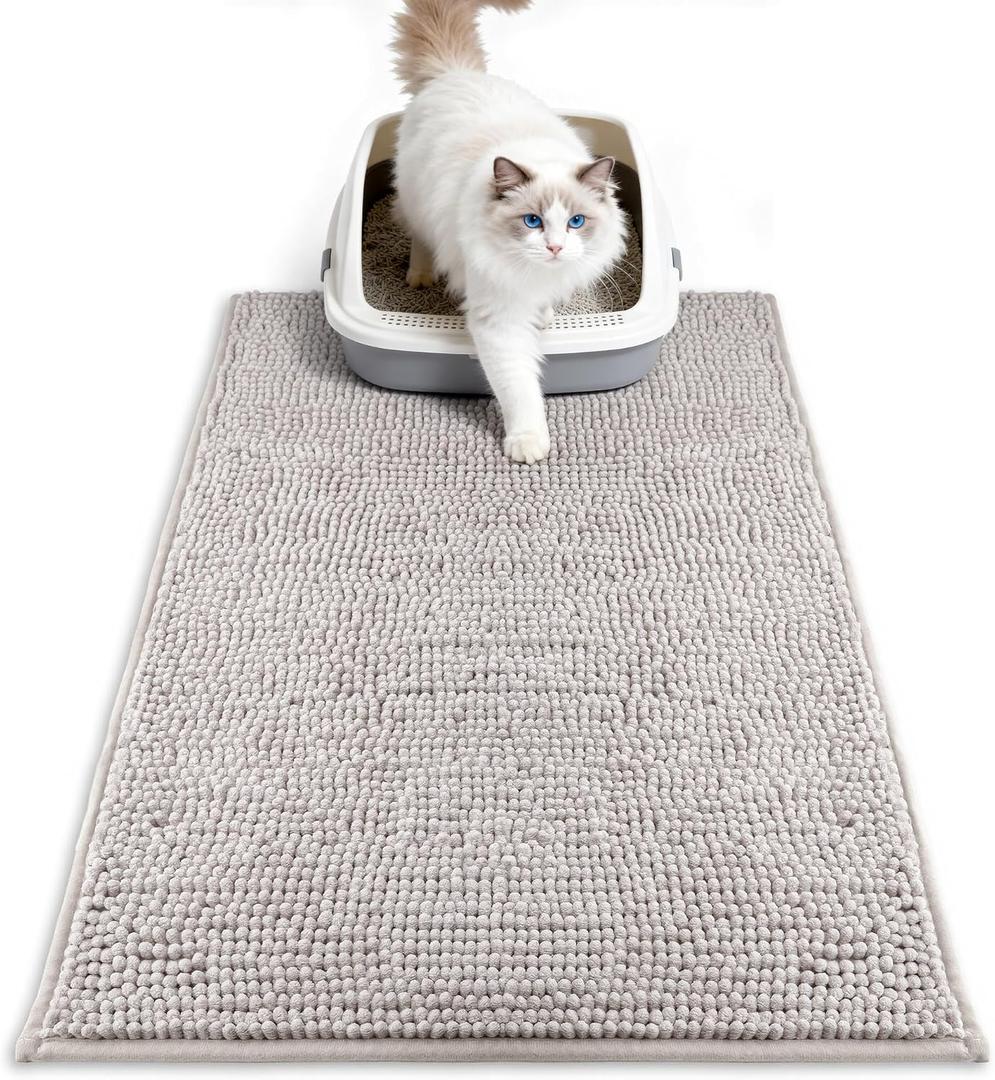Pieviev Chenille Cat Litter Mat for Litter Box, 28"x22" Soft Ultra Absorbent Mat, Waterproof & Non-Slip, Easy to Clean Litter Trapping Mat for Indoor Cats, Gray (Grey)