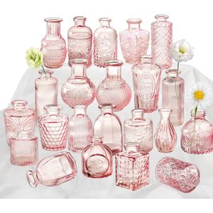 Pink Glass Bud Vase Set of 22, Small Vases for Flowers, Clear Glass Vases for Centerpieces, Mini Bud Vases in Bulk Rustic Wedding Decorations, Centerpieces, Vintage Look Home Table Flower Decor