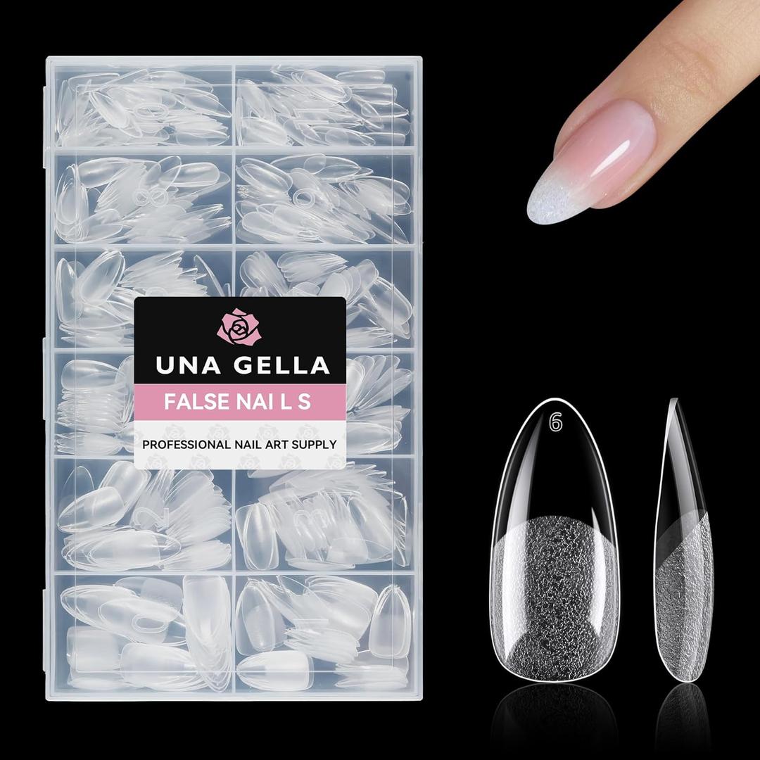 UNA GELLA 504Pcs Medium Pointed Almond Nail Tips, Preshape Almond Gel Nail Tips Half Matte Full Cover Acrylic Clear Press on Fake Nails Tips for Nail Extension Nail Art DIY Salon 12 Sizes