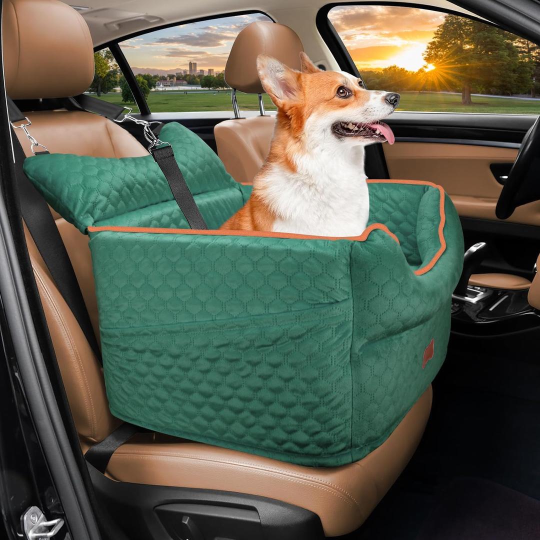 Dog Car Seat - Memory Foam Dog Booster Seats for Small Dogs Up to 25lbs-Elevated Pet Car Seat with Storage Pockets and Dogs Seat Belt-Pet Travel Bed for Front & Back Seats-Removable Washable-Green