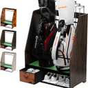 Golf Bag Organizer Rack  Large Wooden Golf Storage for 2 Bags, Clubs & Accessories with Dustproof Drawer, Sports Equipment Rack for Garage, Practice Room, Home or Office (Black)