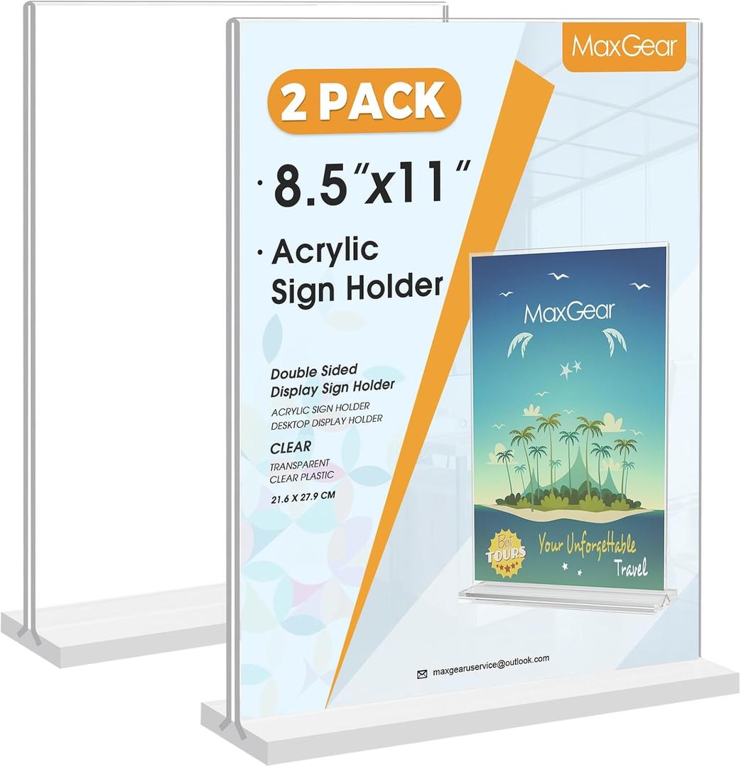 MaxGear Acrylic Sign Holder 8.5x11 Inches 2 Pack, Double Sided Clear Display Stand Table Top Paper Holder, Vertical Menu Flyer Stand, Plastic Frame for Stores, Restaurants, Hotels, Office