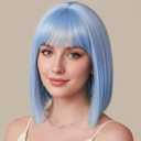 Light Blue Bob Wig with Bangs, 12 Inch Synthetic Heat-Resistant Short Straight Bob Wig, Halloween Costume & Cosplay Wigs for Women