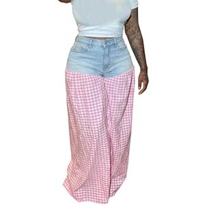 ThusFar Women's Wide Leg Jeans Checkered High Waisted Stretchy Straight Leg Loose Denim Pants Streetwear (Pink, L)