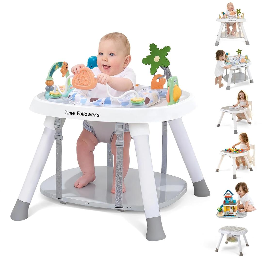 Time Followers 6-in-1 Baby Activity Center | 4 Stage Montessori-Inspired Toys | Grow Stationary Standing Toddler Table | Jumpers & Bouncers | Must Have for Boy & Girl 6, 12, 24+ Month Old (White)