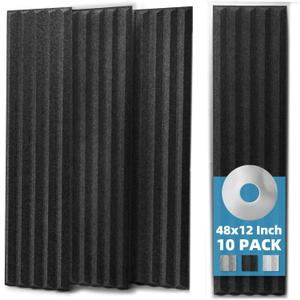 Art3d 10-Pack Peel and Stick Acoustic Panels with Acrylic Tape - 12 x 48 inches, Self Adhesive Sound Absorbing Polyester Wall Panels for Home Office Studio, Black