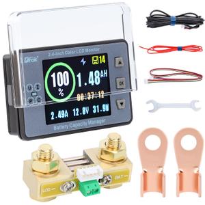 DROK Battery Coulometer, DC 8-100V 500A Split Type Multi Tester 12V 24V 36V 48V 60V Coulometer Watt Meter, Capacity Percentage Time Power Voltmeter Ampmeter for RV Solar Panel Golf Cart Car Audio