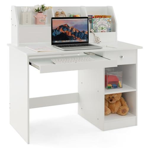 Costzon Kids Desk, Wooden Children Study Desk with Hutch, Storage Shelves, Keyboard Tray, Student Writing Workstation White Computer Desk for Kids Bedroom, School, Gift for Boys Girls 3+