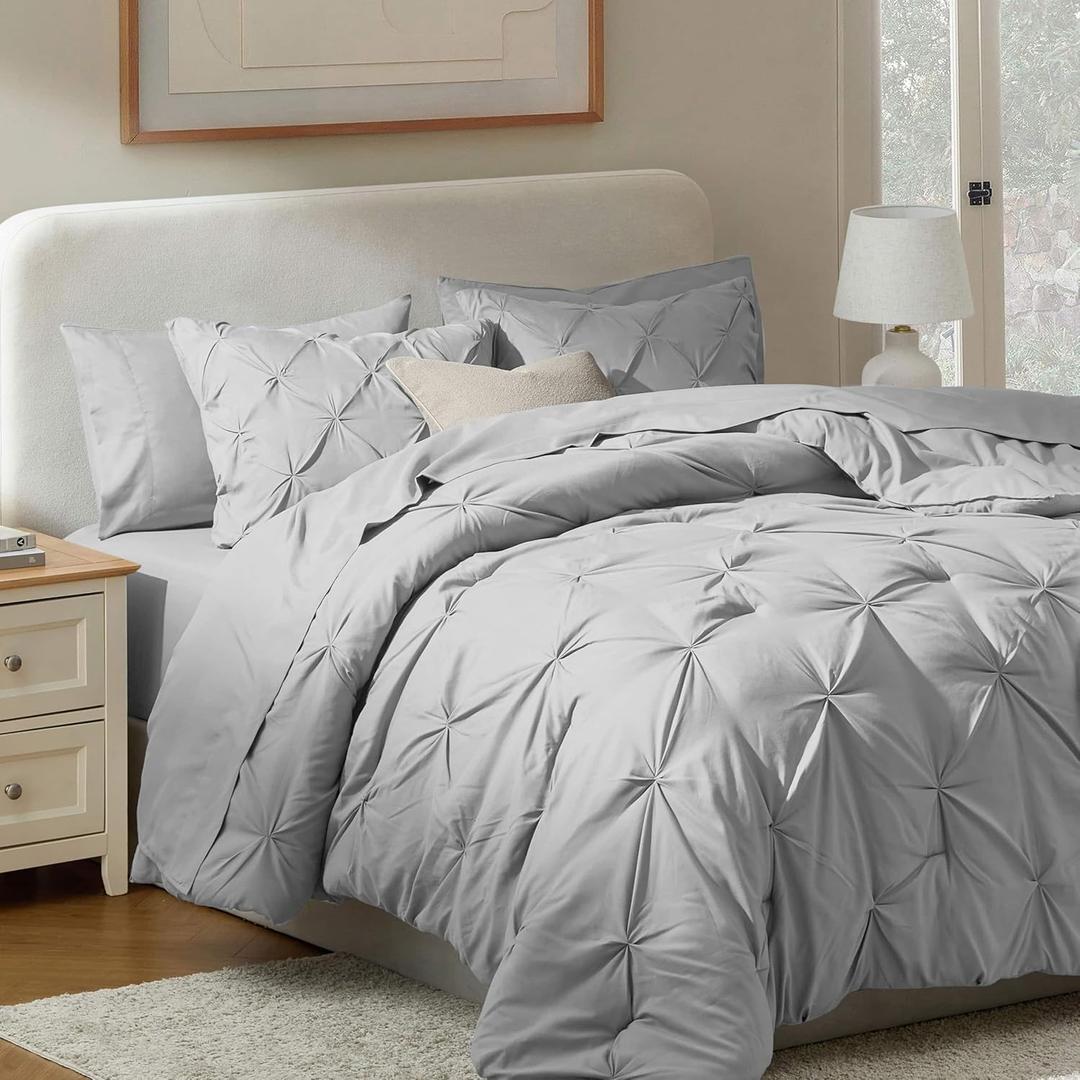 Nestl 9 Piece Queen Comforter Set  Light Grey Pinch Pleated Bed in a Bag  Complete Queen Size Bedding Set with Sheets, Set of 2 Down Alternative Pillows, Pillowcases and Shams