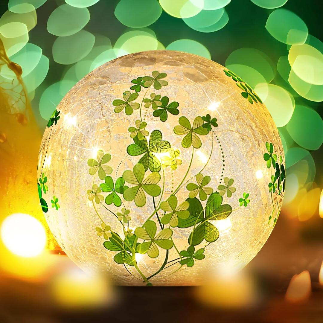 5.75 x 5.75 x 5.63'' St Patricks Day Irish Shamrock Balls Crackle Glass Night Light Illuminated Sphere Glowing Orb Decorative Battery Operated Lamp Festive Home Accent Decorations