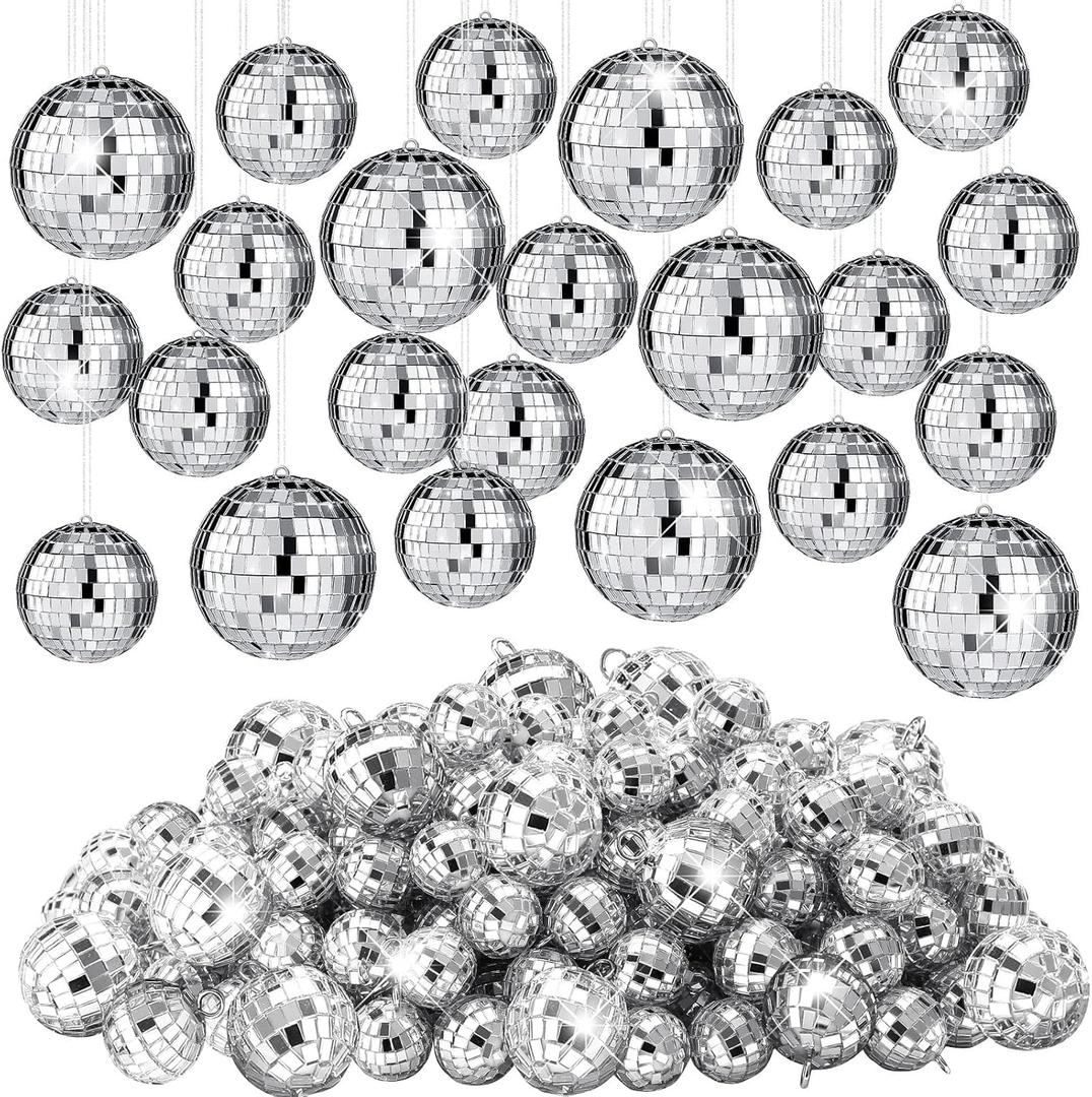 Funtery 100 Pcs Mirror Disco Balls Bulk Assorted Silver Hanging Disco Ball Decor for Home Wedding Birthday Dance Music 70 S Theme Party Christmas Tree Ornaments(1.2'', 2'')