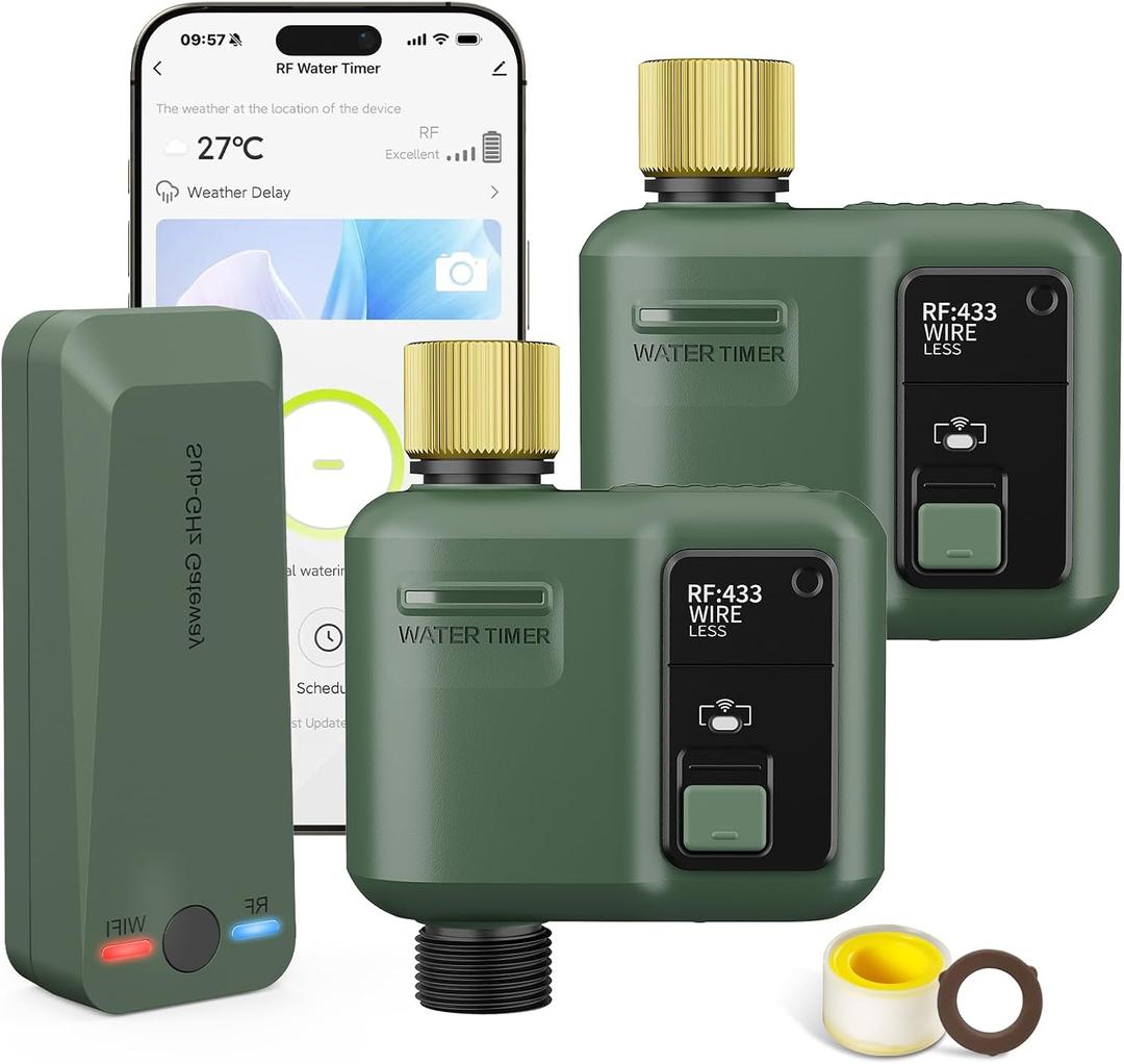 WiFi Water Timer for Garden Hose, 2 Pc Smart Sprinkler Controller with 984ft RF Range, Smart Lawn Watering System Irrigation Timer, APP/Voice Control, Rain Delay, Manual Irrigation (Brass Inlet)