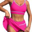 ZAFUL Bikini Sets for Women Sports Splicing Swimsuits High Waisted Tummy Control Swim Skirt 2025 Two Piece Bathing Suit (Large, Rose Red)
