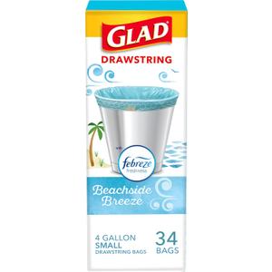 Glad Small Trash Bags 4 Gallon, Febreze Beachside Breeze Garbage Bags, Odor Resistant with Drawstring, 34 Count