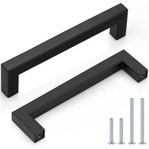 Probrico (10 Pack Flat Black Modern Cabinet Handles 5 Inch(128mm) Hole Center Stainless Steel Drawer Dresser Pulls Square Kitchen Cabinet Hardware