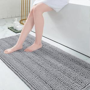 Grandaily Chenille Striped Bathroom Rugs 70x24, Extra Thick and Absorbent Bath Mats, Non-Slip Soft Plush Shaggy Shower Carpet, Machine Wash Dry, Bath Rug for Bathroom, Light Grey