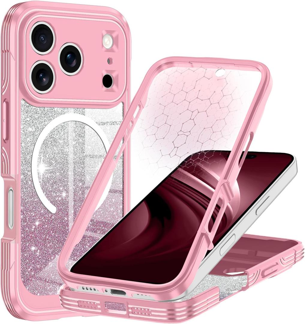 Hekodonk for iPhone 17 Pro Max Case, Compatible with Magsafe [Built-in Tempered Glass Screen Protector & Camera Lens Protection] Full Body Shockproof Protective Women Girl Bling Case,All Pink