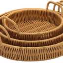 Ferraycle 3 Pcs Rattan Serving Tray with Handles Woven Wicker Tray Round Shallow Rattan Basket Fruit Tray Decor for Serving (Brown)