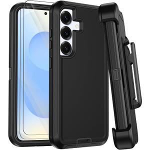 for Samsung Galaxy S25 Case with Belt Clip Holster,[2 Screen Protector& Kickstand] Heavy Duty Rugged 3-Layer Military Grade Drop Protection Phone Case,Shockproof Full Body Protective Cover (Black)