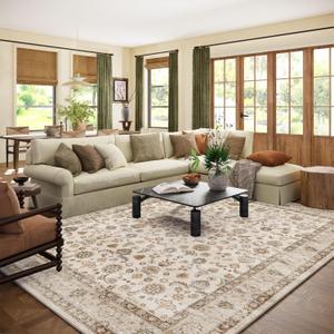 Washable Area Rugs for Living Room: 9x12 Bedroom Rug Boho Vintage Area Rug Stain Resistant Non Slip Low Pile Lightweight Soft Carpets for Dining Room Kitchen Nursery Kids Room Playroom Home Office (Beige White)