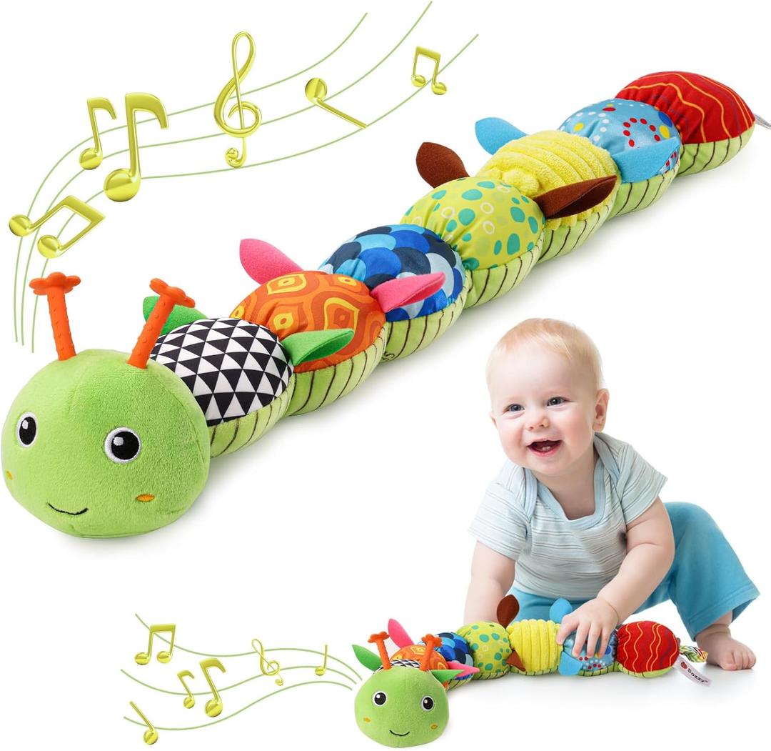 Awotoy Baby Toys 0 to 12 Months, Musical Stuffed Animal Activity Soft Toys with Multi-Sensory Crinkle, Rattle and Textures, Infant Tummy Time Toys for Newborn Boys Girls, Caterpillar, Green