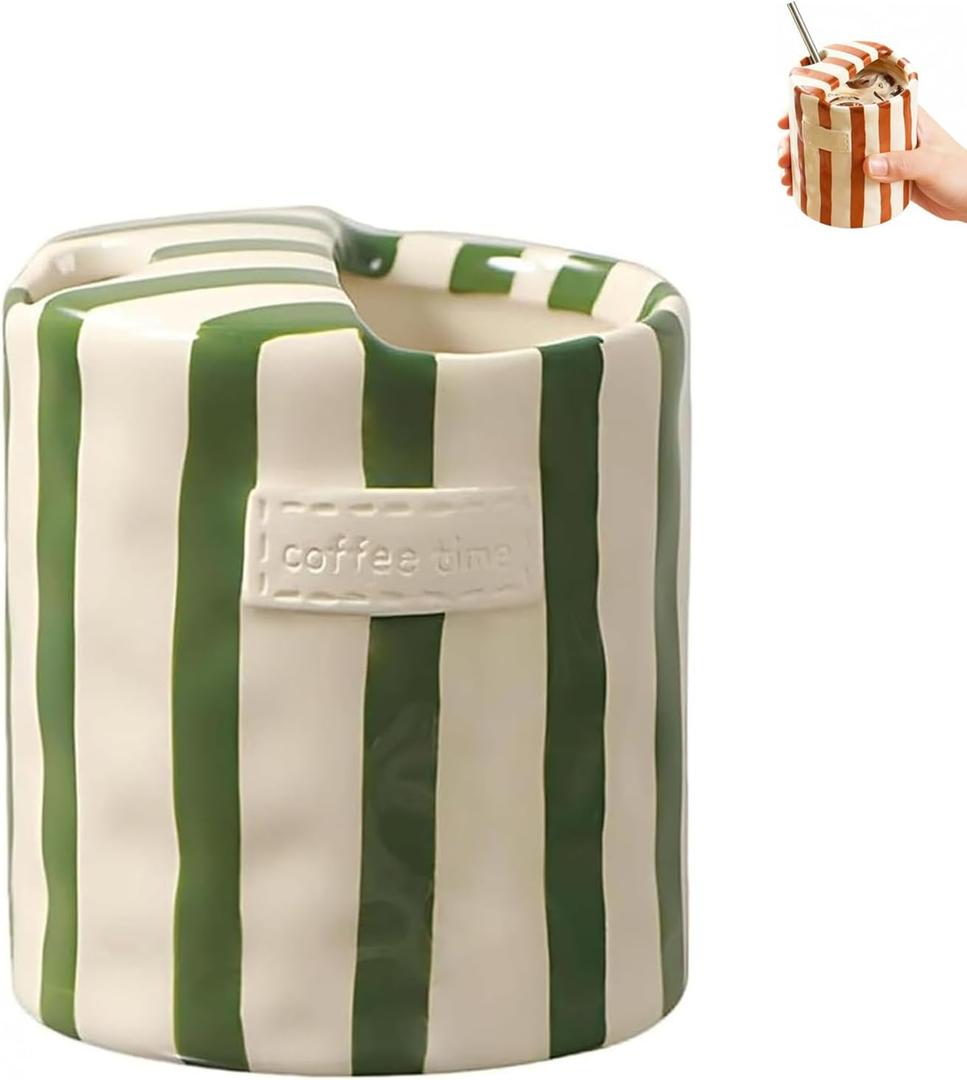Coffee Mug Espresso Cup, 10oz Hand-Painted Striped Ceramic Coffee Cup, Ceramic Mug with Sip Hole, Espresso Coffee Mug, Heat and Cold Resistant, for Coffee, Milk, and More (Green)