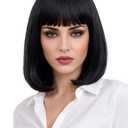 Short Black Bob Wig with Bangs for Women Heat Resistant Straight Bob Synthetic Hair Wigs for Cosplay Halloween Costume Party Daily Wear (12", 2# Black), average cap size circumference 22.5 inches with 2 adjustable straps