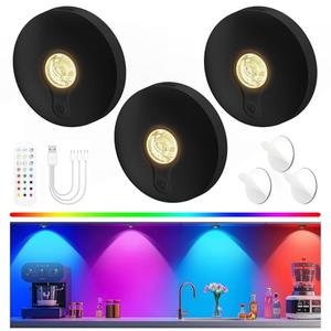 Rechargeable Puck Lights with Remote, 2Pack Magnetic Under Cabinet Lighting, 1500mAh Battery Operated LED Tap Lights with Dimmer & Timmer for Kitchen, Closet, Shelf - 3 Color Temps & 12 RGB, Black