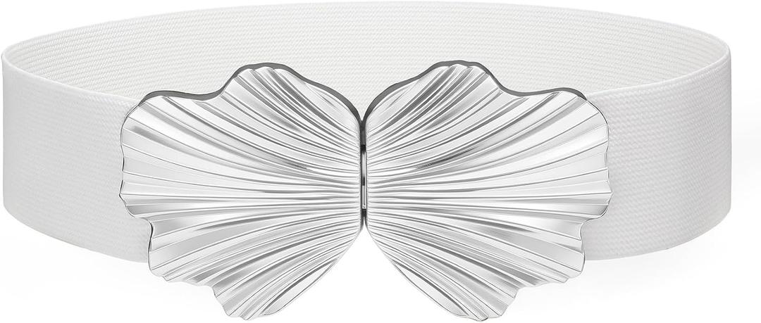 XZQTIVE Womens Wide Elastic Belt for Dresses Stretchy Fashion Waist Belt for Ladies with Boho Shell Gold Buckle (White)